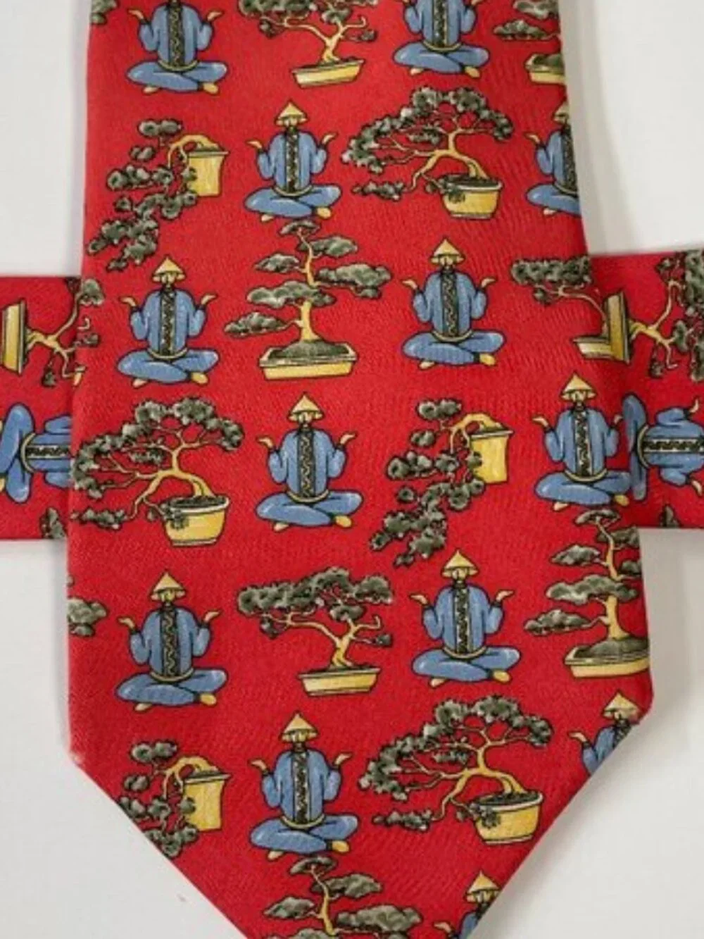 Alain Figaret Paris Silk Tie Red Meditating Yoga Monk Bonsai Tree France Made